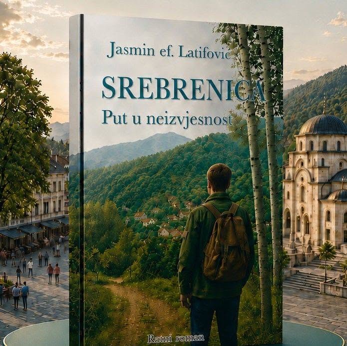 Cover of the novel Srebrenica – Put u neizvjesnost by Jasmin ef. Latifović, showing a young man with a backpack looking toward a village in green hills