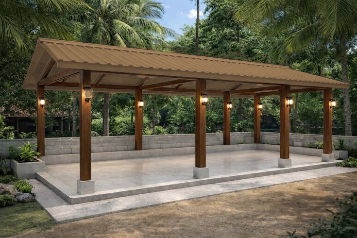 An open pavilion with a beige-brown metal roof on wooden posts with lanterns, over a raised stone-tiled floor